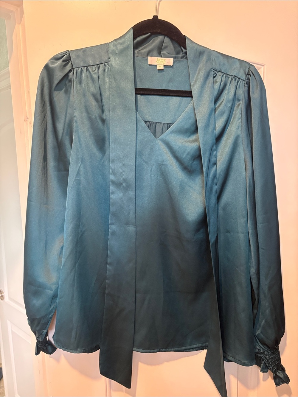 Jade Teal Satin Tie-Neck Blouse